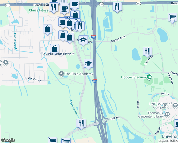 map of restaurants, bars, coffee shops, grocery stores, and more near 3737 Saint Johns Bluff Road South in Jacksonville