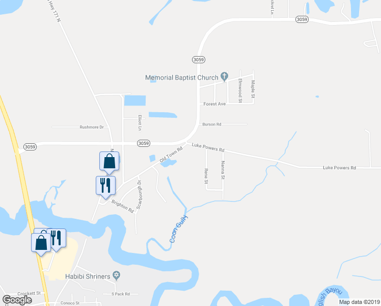 map of restaurants, bars, coffee shops, grocery stores, and more near 3221 Luke Powers Road in Lake Charles