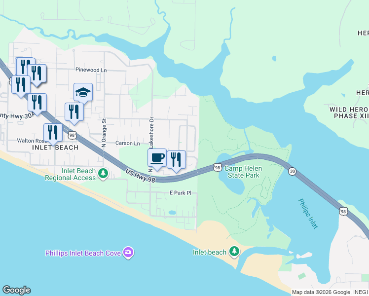 map of restaurants, bars, coffee shops, grocery stores, and more near 10 Grande Pointe Circle in Panama City Beach