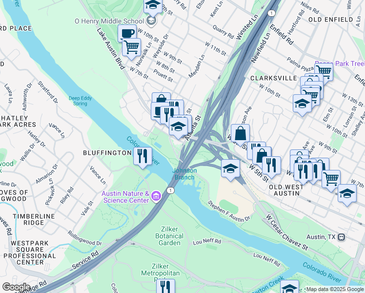 map of restaurants, bars, coffee shops, grocery stores, and more near 400 Atlanta Street in Austin