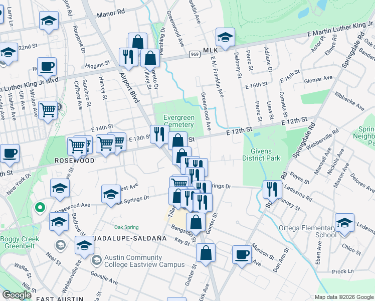 map of restaurants, bars, coffee shops, grocery stores, and more near 1185 Ridge Drive in Austin