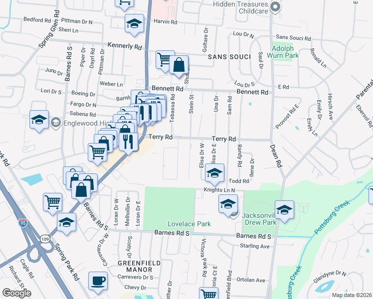 map of restaurants, bars, coffee shops, grocery stores, and more near 2721 Sack Drive West in Jacksonville