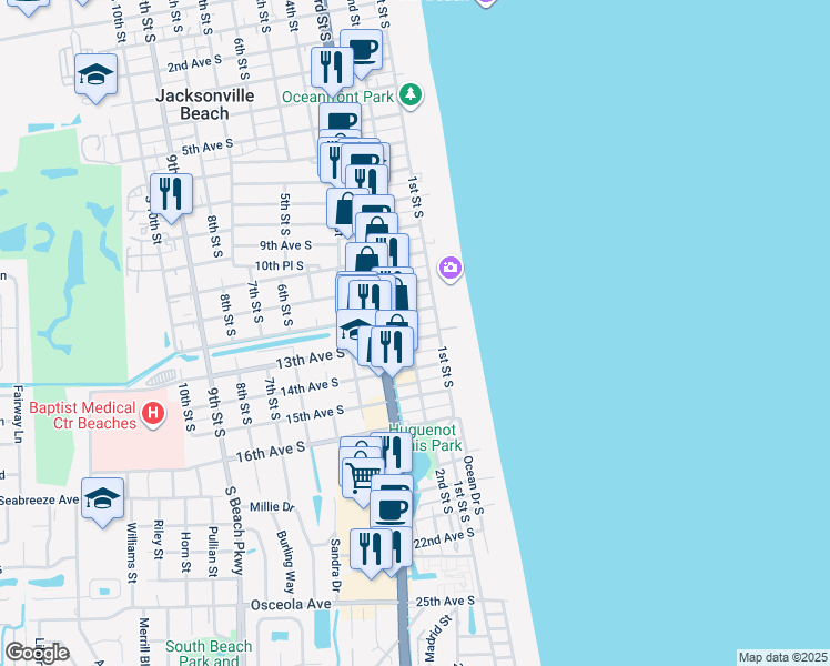 map of restaurants, bars, coffee shops, grocery stores, and more near 1315 3rd Street South in Jacksonville Beach