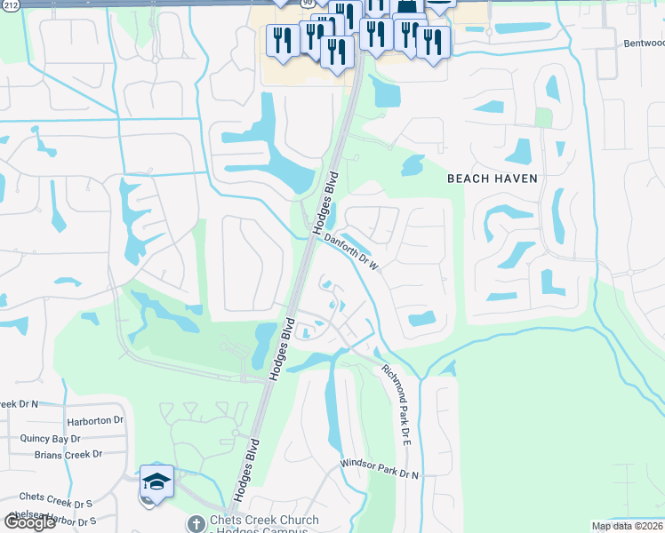 map of restaurants, bars, coffee shops, grocery stores, and more near 13700 Richmond Park Drive North in Jacksonville