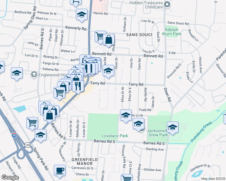 map of restaurants, bars, coffee shops, grocery stores, and more near 2721 Sack Drive West in Jacksonville