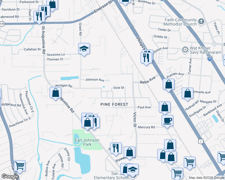 map of restaurants, bars, coffee shops, grocery stores, and more near 4423 Moreland Street in Jacksonville