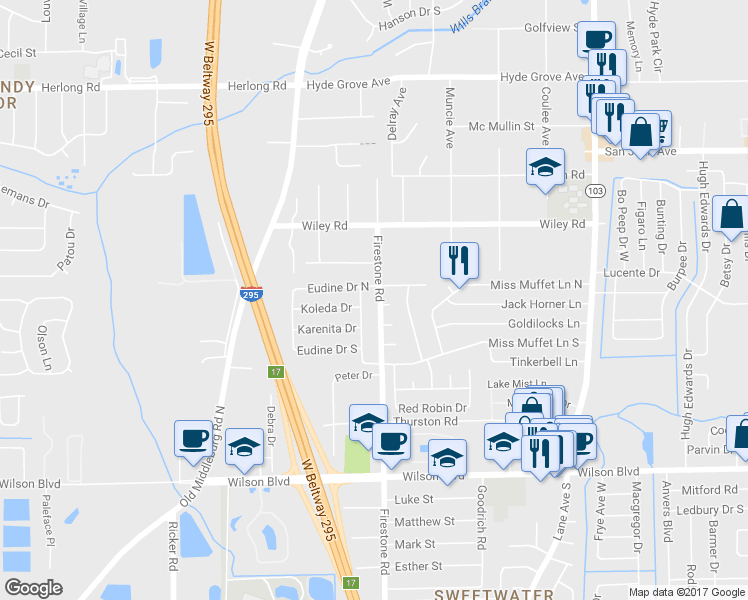 map of restaurants, bars, coffee shops, grocery stores, and more near 2311 Mc Carty Drive in Jacksonville