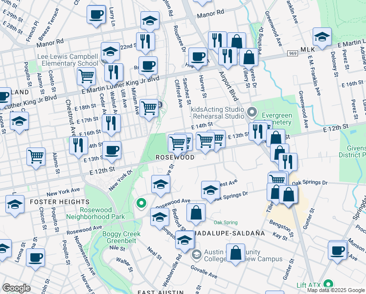 map of restaurants, bars, coffee shops, grocery stores, and more near 2916 East 12th Street in Austin