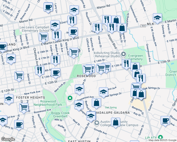 map of restaurants, bars, coffee shops, grocery stores, and more near 2916 East 12th Street in Austin