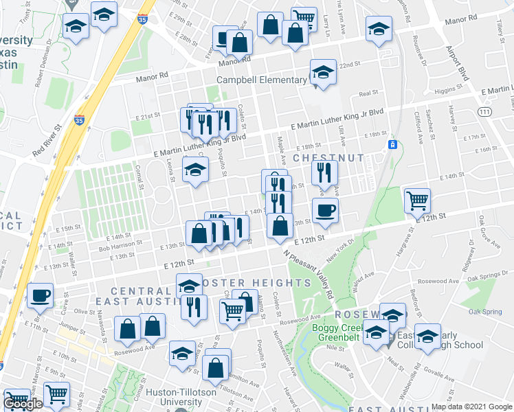 map of restaurants, bars, coffee shops, grocery stores, and more near 2109 East 14th Street in Austin