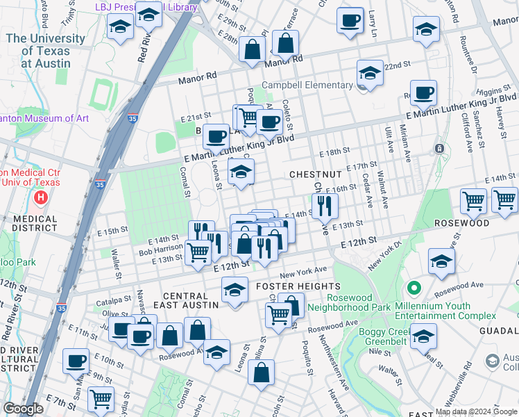 map of restaurants, bars, coffee shops, grocery stores, and more near 1808 Chicon Street in Austin