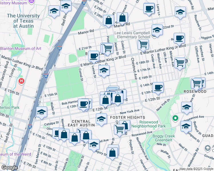 map of restaurants, bars, coffee shops, grocery stores, and more near 1808 Chicon Street in Austin