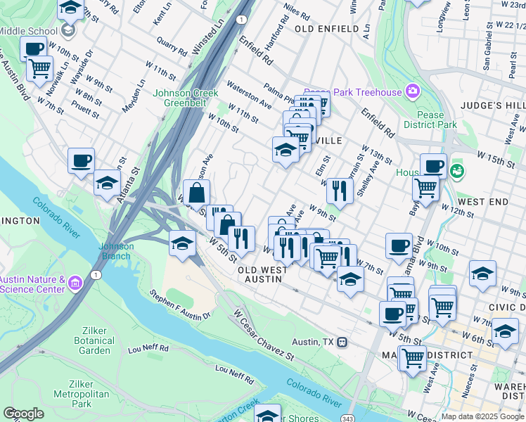 map of restaurants, bars, coffee shops, grocery stores, and more near 606 West Lynn Street in Austin