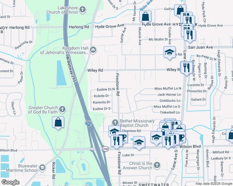 map of restaurants, bars, coffee shops, grocery stores, and more near 2311 Mc Carty Drive in Jacksonville