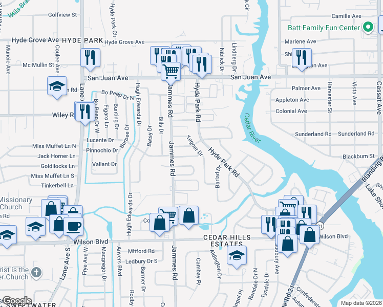 map of restaurants, bars, coffee shops, grocery stores, and more near 6310 Badnur Drive in Jacksonville
