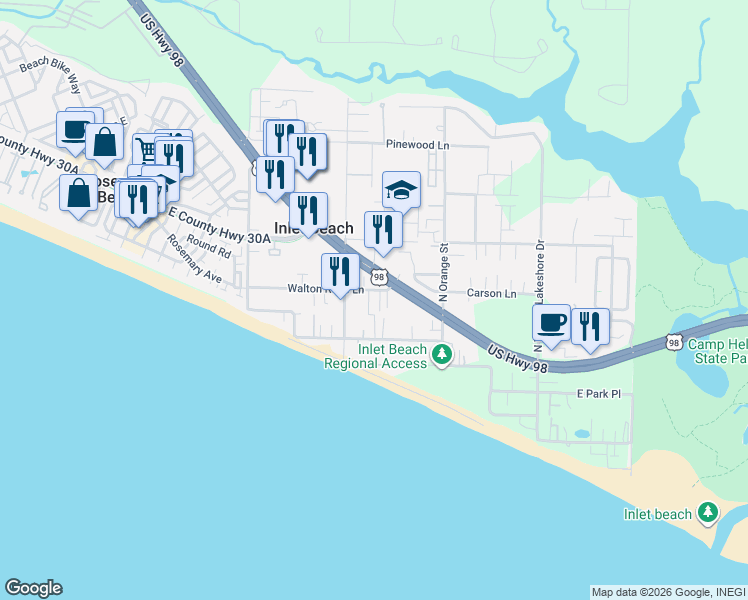 map of restaurants, bars, coffee shops, grocery stores, and more near 58 Hightide Way in Walton County