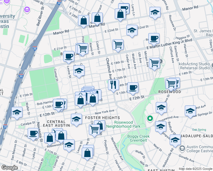 map of restaurants, bars, coffee shops, grocery stores, and more near 2109 East 14th Street in Austin