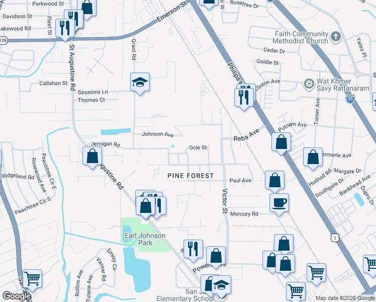 map of restaurants, bars, coffee shops, grocery stores, and more near 4423 Moreland Street in Jacksonville