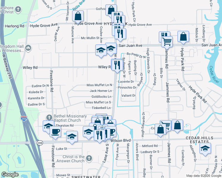 map of restaurants, bars, coffee shops, grocery stores, and more near 6745 Jack Horner Lane in Jacksonville