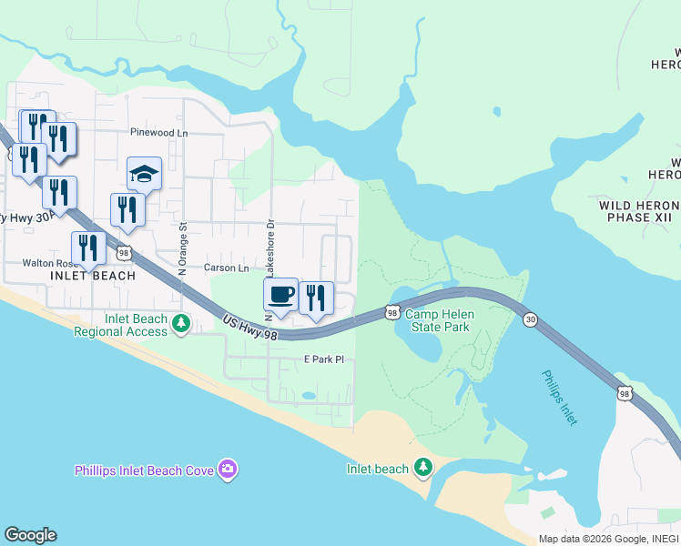 map of restaurants, bars, coffee shops, grocery stores, and more near 10 Grande Pointe Circle in Panama City Beach