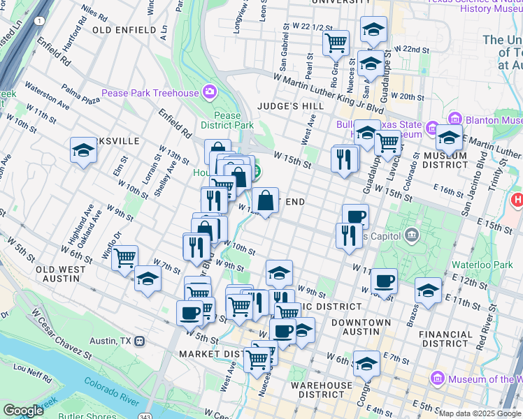 map of restaurants, bars, coffee shops, grocery stores, and more near 807 West 12th Street in Austin