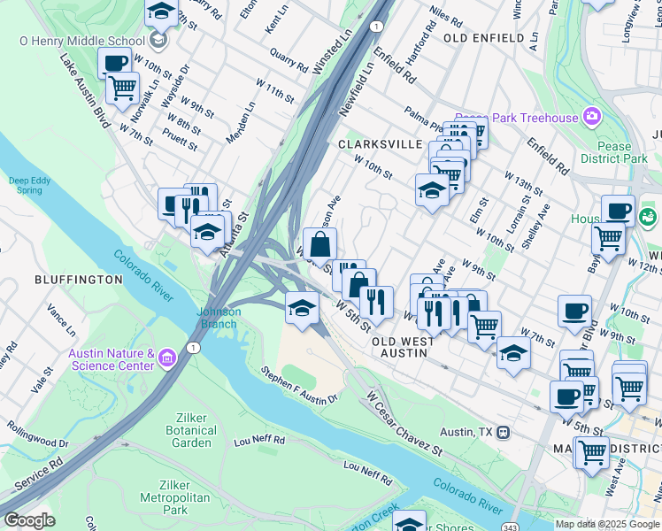 map of restaurants, bars, coffee shops, grocery stores, and more near 1717 West 6th Street in Austin