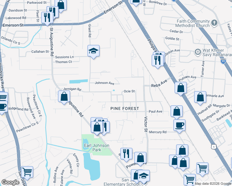 map of restaurants, bars, coffee shops, grocery stores, and more near 4423 Moreland Street in Jacksonville