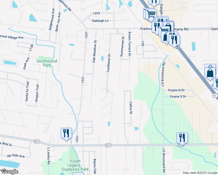 map of restaurants, bars, coffee shops, grocery stores, and more near 14250 Caribbean Drive in Gonzales
