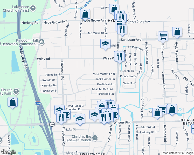 map of restaurants, bars, coffee shops, grocery stores, and more near 6858 Jack Horner Lane in Jacksonville