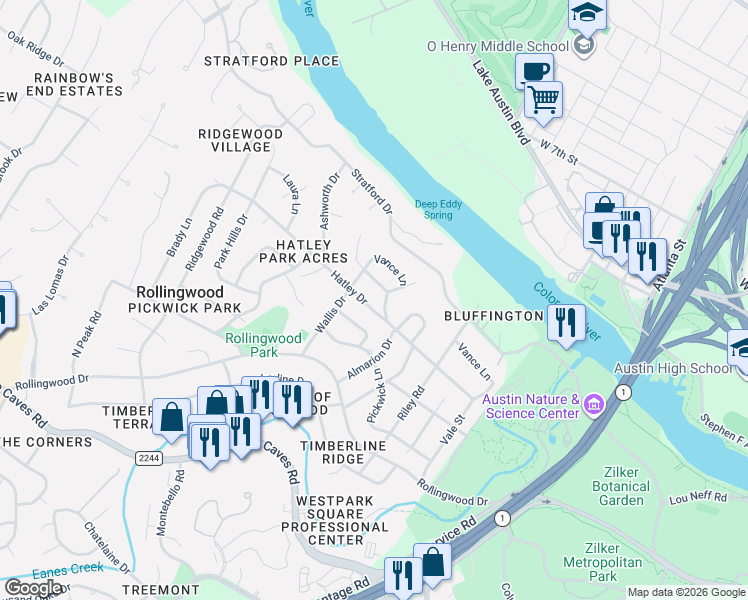 map of restaurants, bars, coffee shops, grocery stores, and more near 2805 Hatley Drive in Austin