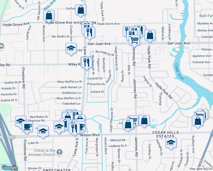 map of restaurants, bars, coffee shops, grocery stores, and more near 2227 Burpee Drive in Jacksonville