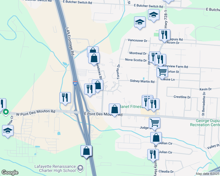 map of restaurants, bars, coffee shops, grocery stores, and more near 200 High Meadows Boulevard in Lafayette