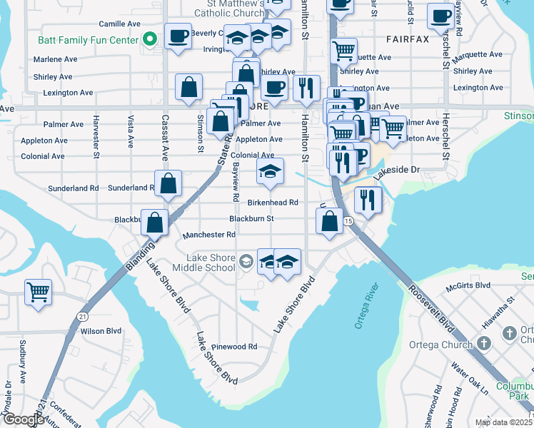 map of restaurants, bars, coffee shops, grocery stores, and more near 4608 Blackburn Street in Jacksonville