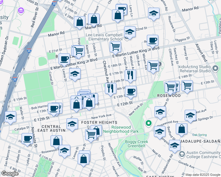 map of restaurants, bars, coffee shops, grocery stores, and more near 1307 Chestnut Avenue in Austin
