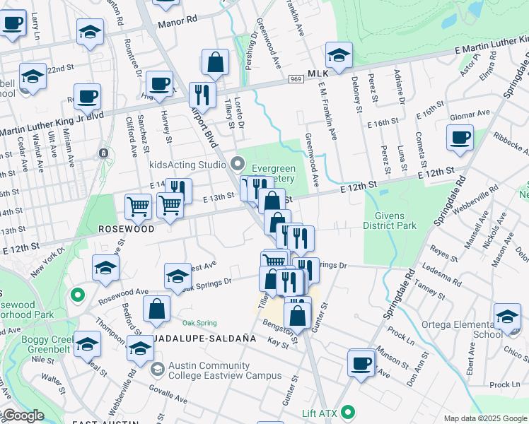 map of restaurants, bars, coffee shops, grocery stores, and more near 1187 Airport Boulevard in Austin