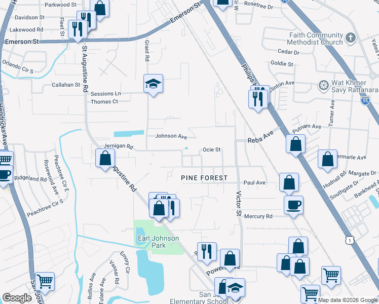 map of restaurants, bars, coffee shops, grocery stores, and more near 4423 Moreland Street in Jacksonville