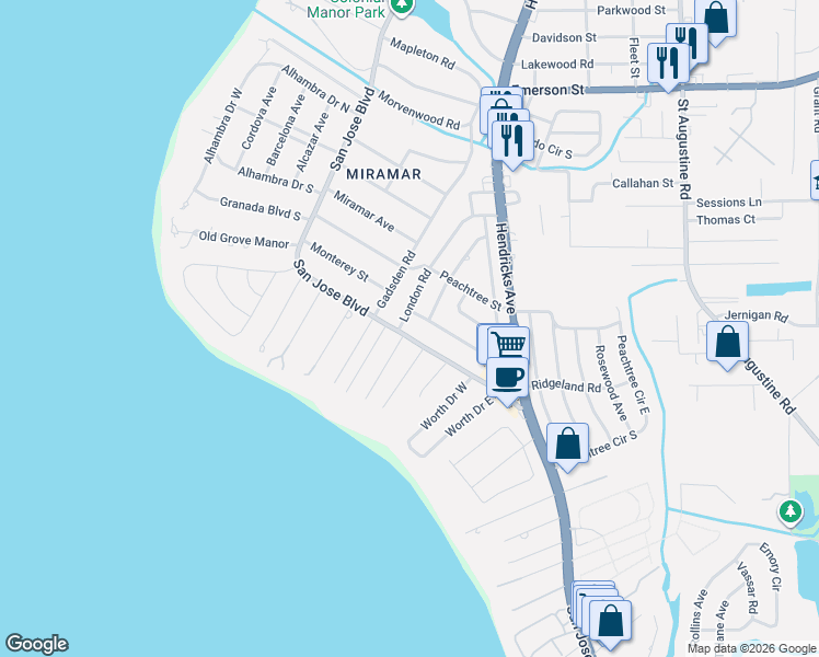 map of restaurants, bars, coffee shops, grocery stores, and more near 4306 San Jose Lane in Jacksonville