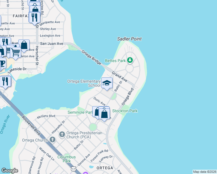 map of restaurants, bars, coffee shops, grocery stores, and more near 4010 Baltic Street in Jacksonville