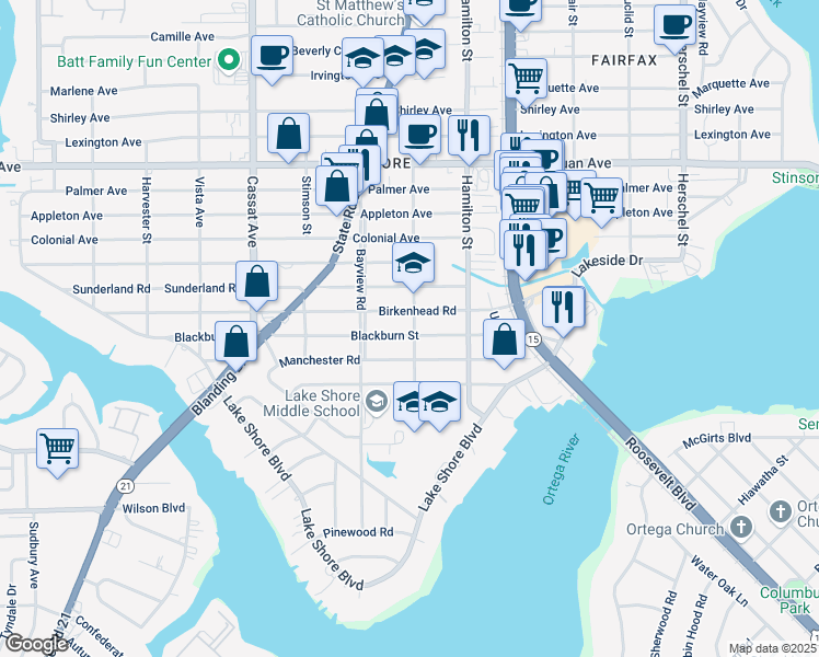 map of restaurants, bars, coffee shops, grocery stores, and more near 4608 Blackburn Street in Jacksonville