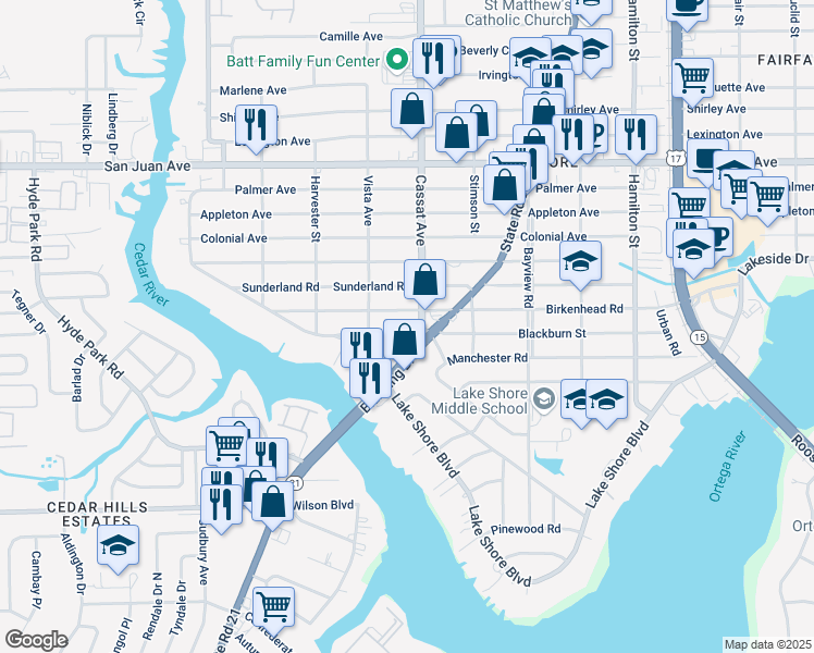 map of restaurants, bars, coffee shops, grocery stores, and more near 5010 Blackburn Street in Jacksonville