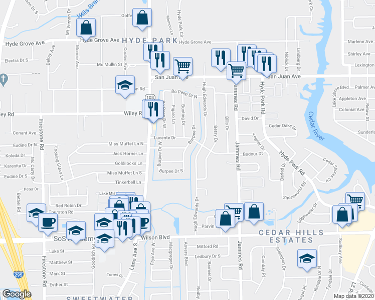 map of restaurants, bars, coffee shops, grocery stores, and more near 2316 Hugh Edwards Drive in Jacksonville