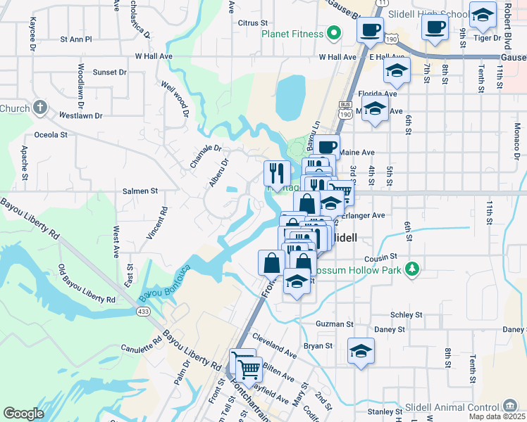 map of restaurants, bars, coffee shops, grocery stores, and more near 44 42 Chamale Cove in Slidell