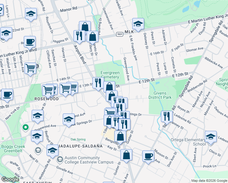map of restaurants, bars, coffee shops, grocery stores, and more near 1185 Ridge Drive in Austin