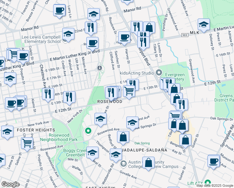 map of restaurants, bars, coffee shops, grocery stores, and more near 2916 East 12th Street in Austin
