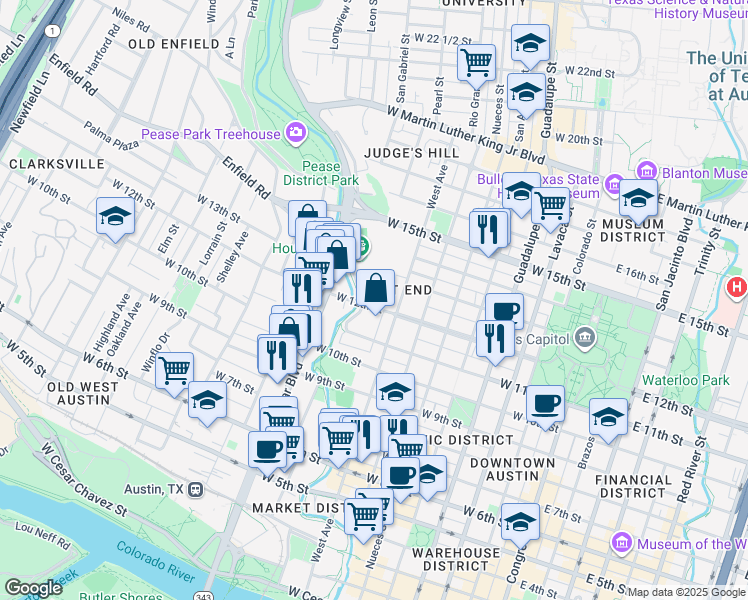 map of restaurants, bars, coffee shops, grocery stores, and more near 807 West 12th Street in Austin