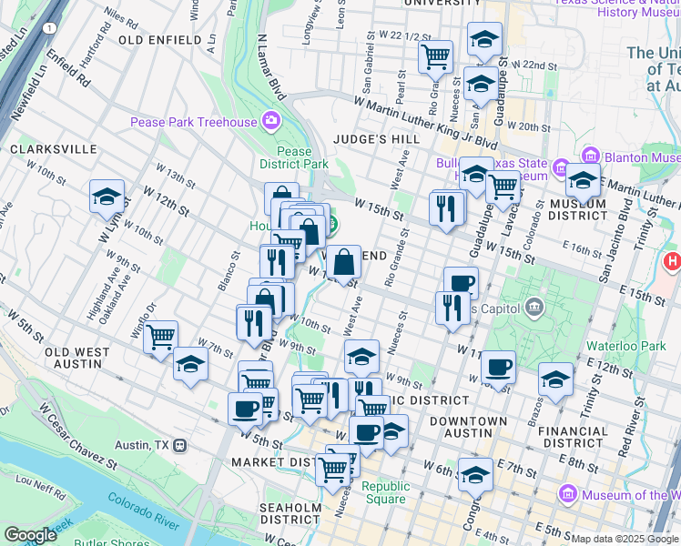 map of restaurants, bars, coffee shops, grocery stores, and more near 807 West 12th Street in Austin