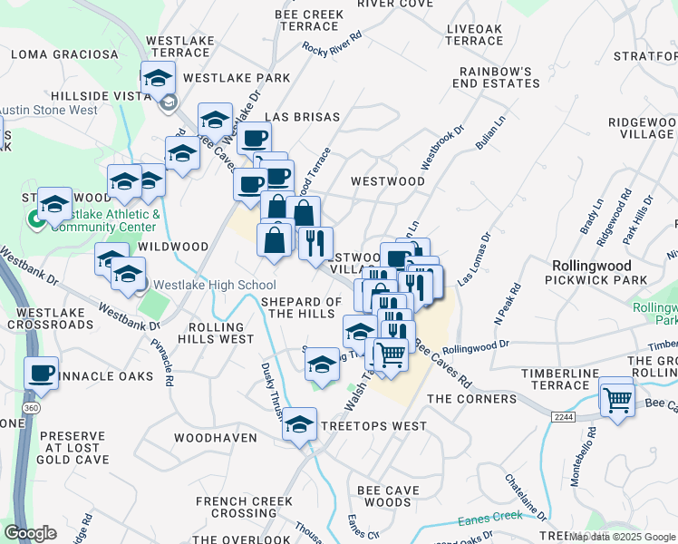 map of restaurants, bars, coffee shops, grocery stores, and more near 3355 Bee Cave Road in West Lake Hills