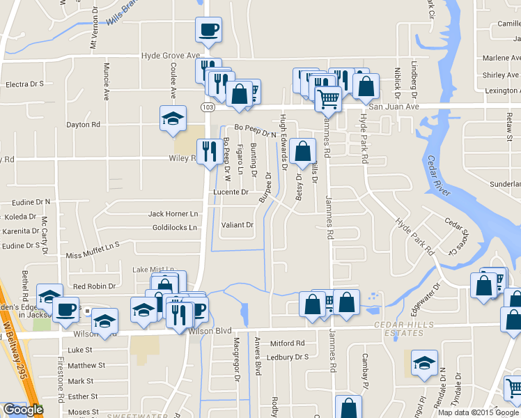 map of restaurants, bars, coffee shops, grocery stores, and more near 2316 Hugh Edwards Drive in Jacksonville