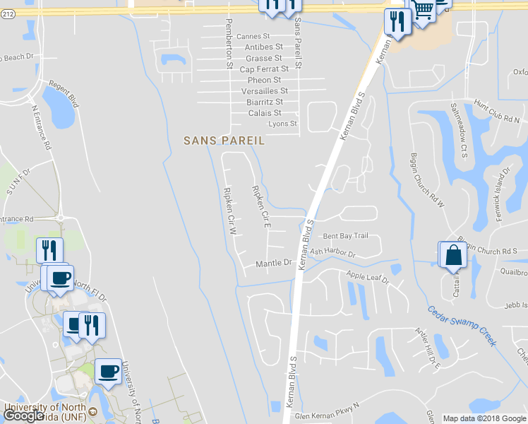 map of restaurants, bars, coffee shops, grocery stores, and more near 4265 Ripken Circle East in Jacksonville