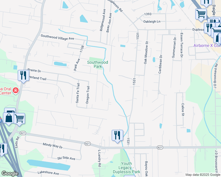 map of restaurants, bars, coffee shops, grocery stores, and more near 37556 Parkbrook Drive in Prairieville